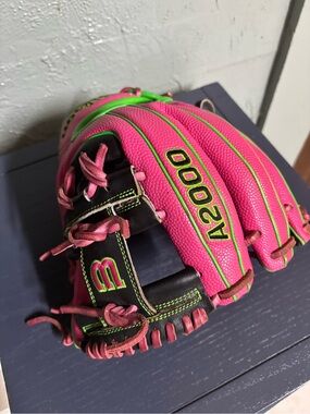 Wilson A2000 Superskin RHT 11.5 Pink Baseball Glove with Neon Green Trim